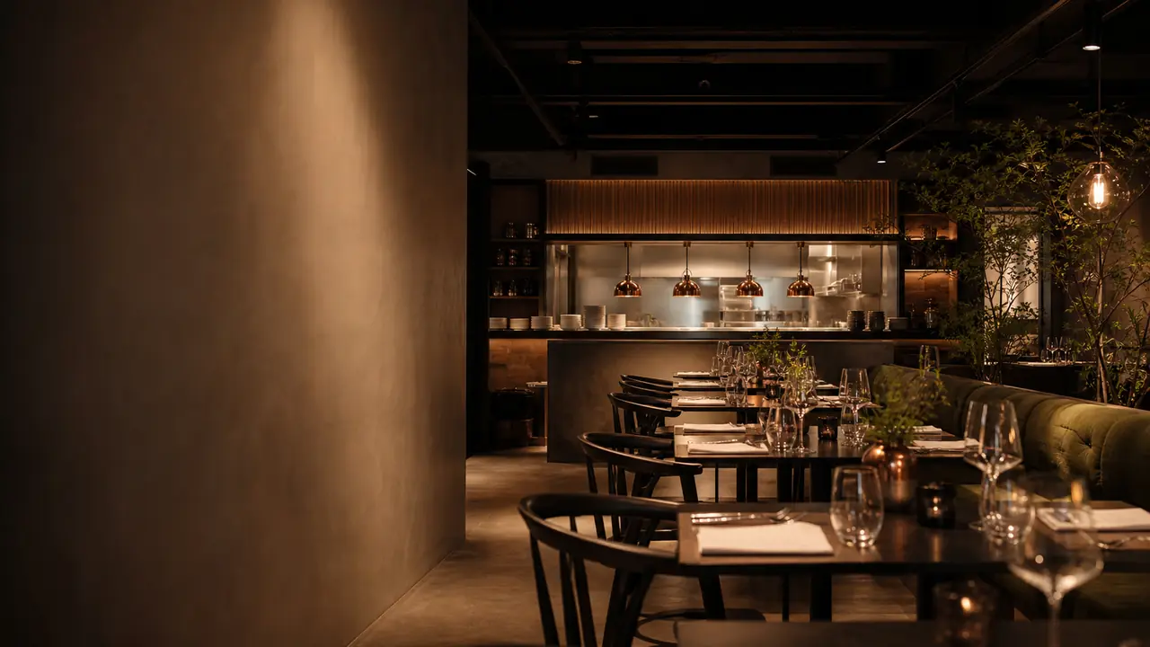 Sala de restaurante preparada antes del servicio, con cocina vista al fondo.